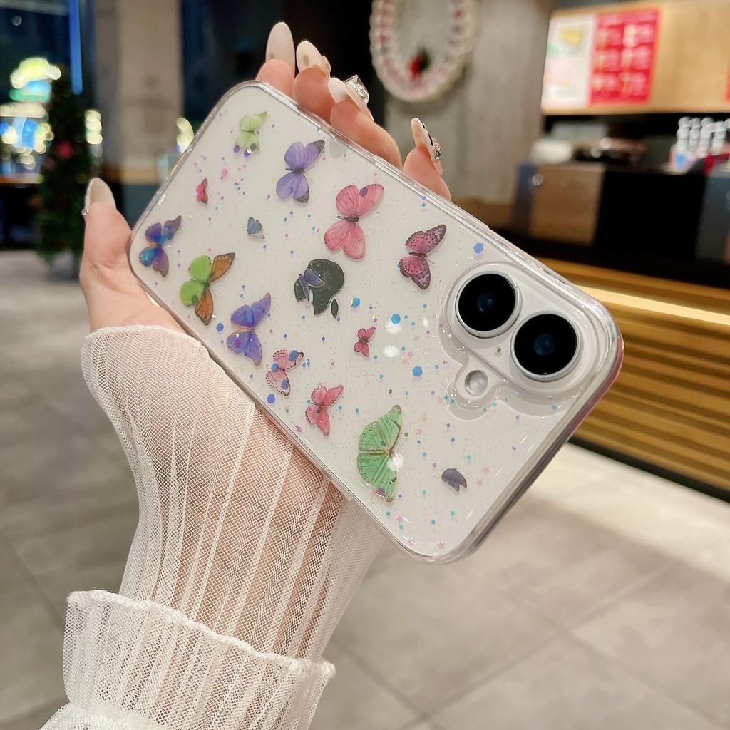 For iPhone 16 Plus Case Anti Drop TPU Phone Back Cover Epoxy Glitter Butterfly