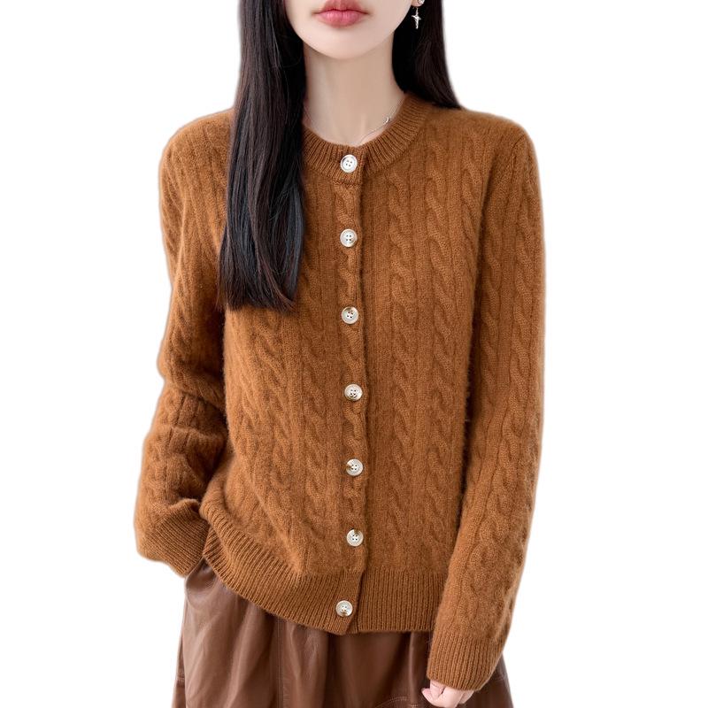 2026 A/W Women's Pure Wool Cable Knit Round Neck Cardigan Sweater - Long Sleeve, Seven-Stitch, Thickened Knit