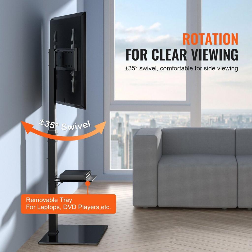 TV Stand Mount, Swivel Tall TV Stand for 32 To 85 Inch TVs, Height Adjustable Portable Floor TV Stand with Tempered Glass Base for Bedroom, Living