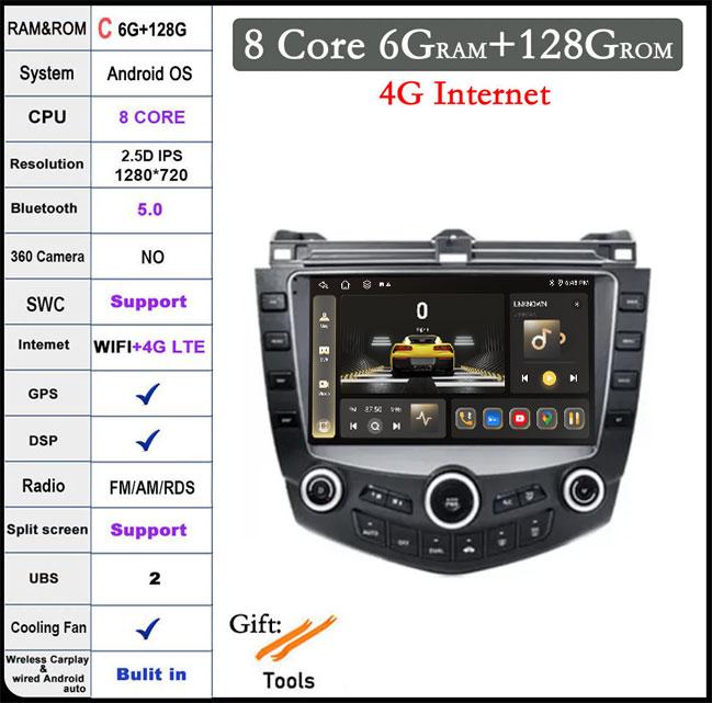 9 Inch Android 14 Car Radio For Honda Accord 7 2003-2007 Stereo Multimedia Player Carplay Android Auto WIFI Bluetooth GPS