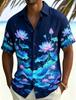 Summer Essential! Hawaiian Short-sleeve Shirt with Luminous Lotus Print, Casual and Stylish.