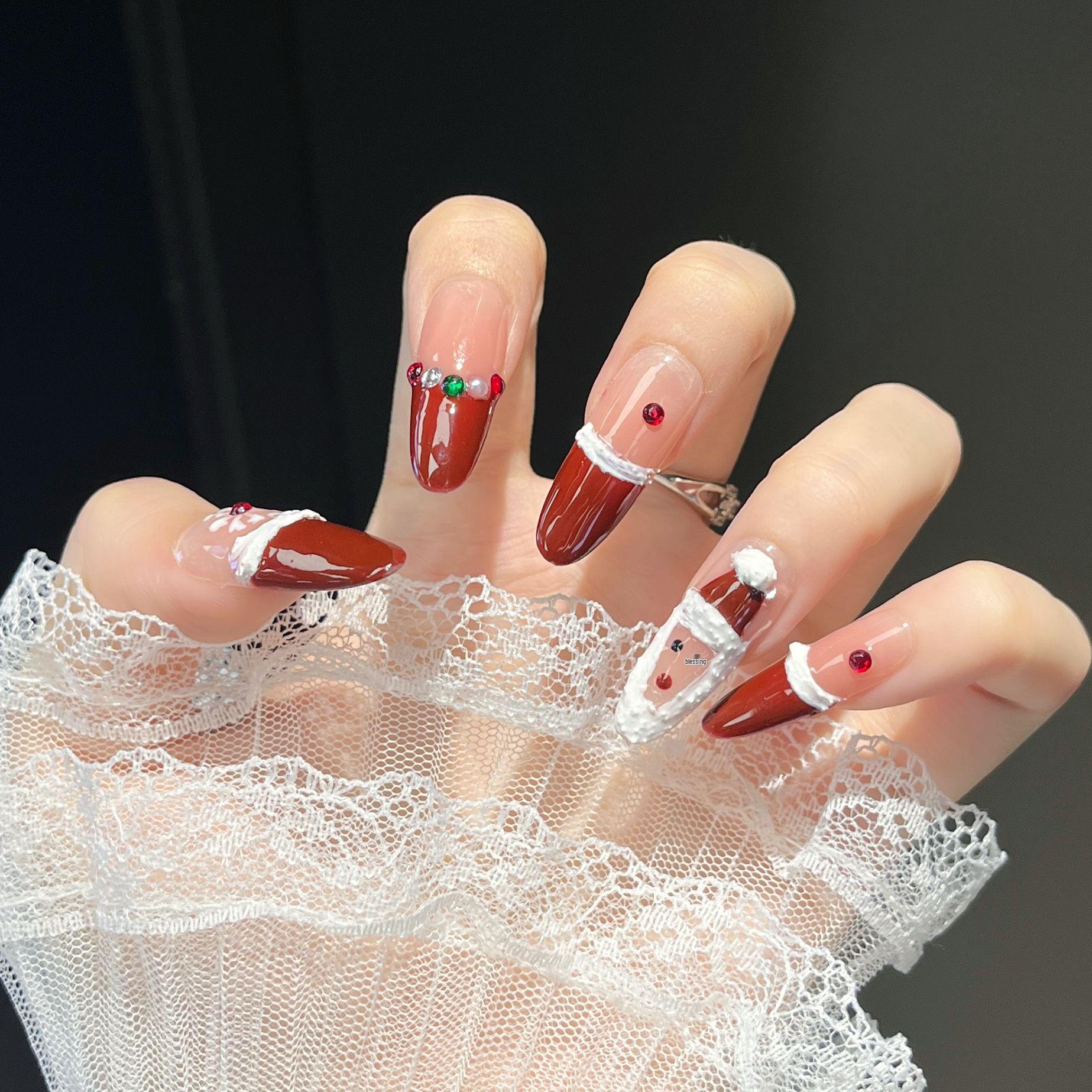 Red Handmade Santa Claus Oval Wearable Fake Nail Art Stickers Bagged XS