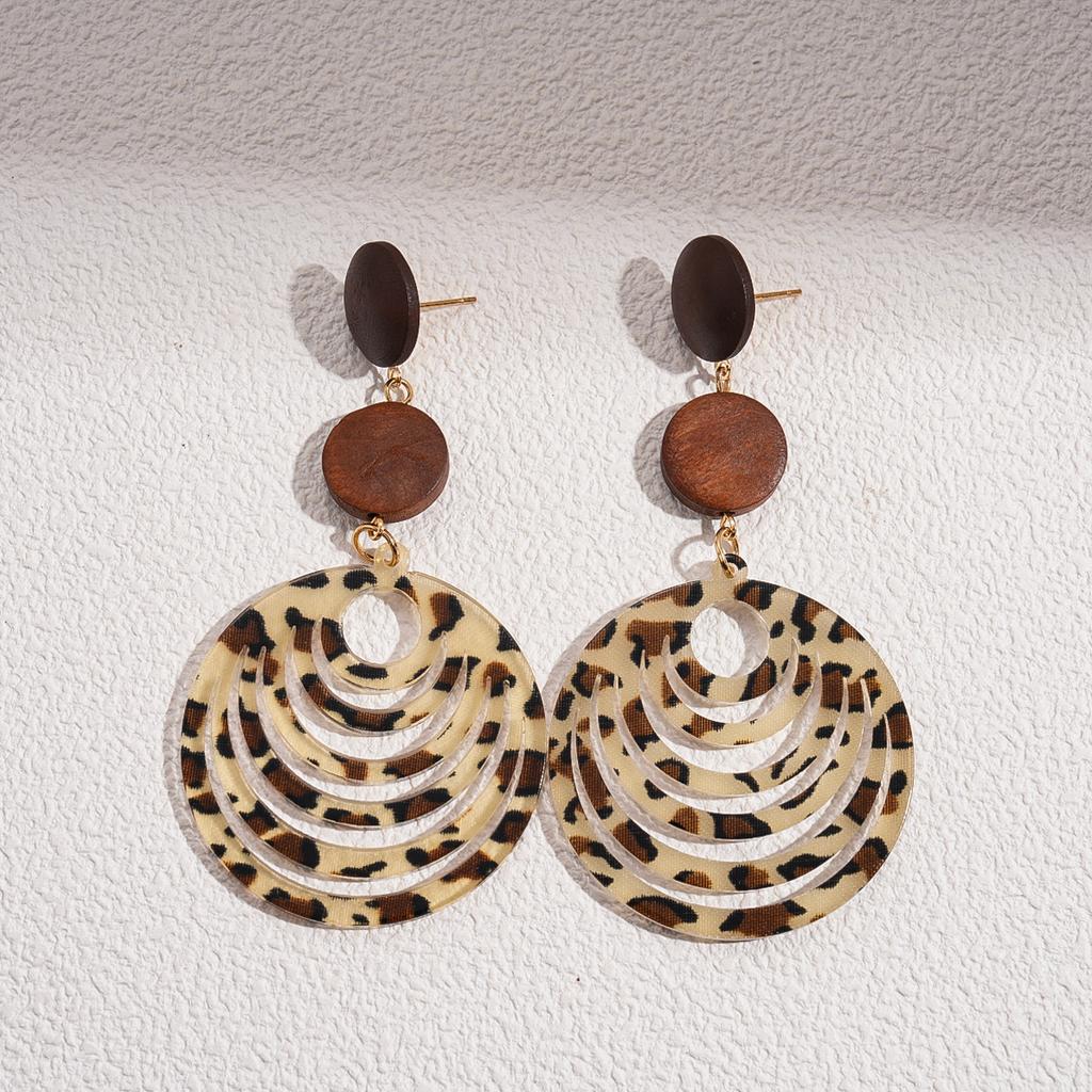 Maillard Flocking Leopard Print Hollow Round Silver Needle Earrings Autumn and Winter Geometric Fashion Earrings