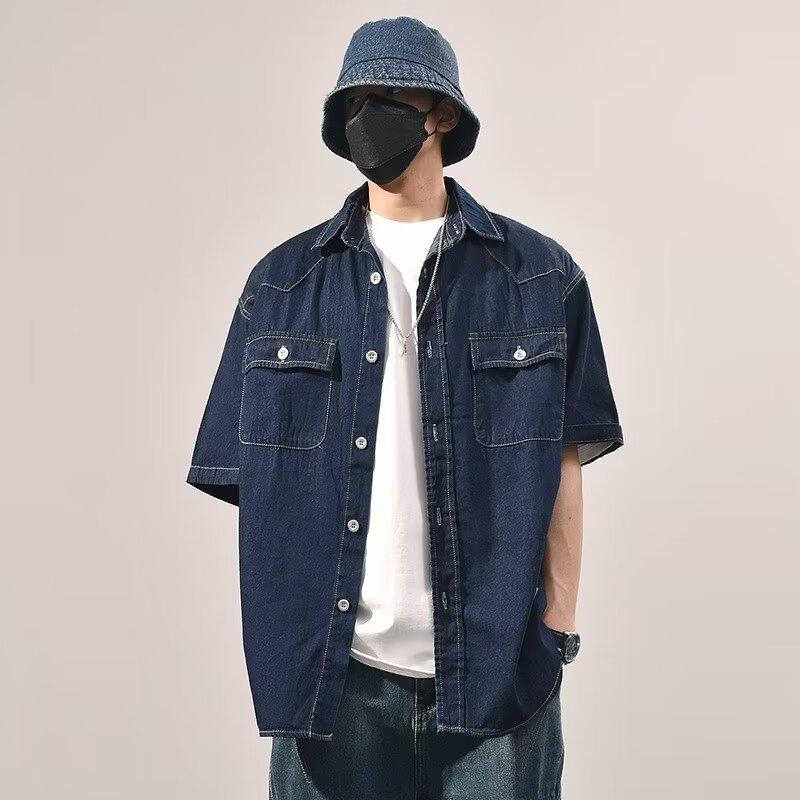

Японский ретро модный бренд летняя свободная джинсовая рубашка с короткими рукавами художественная молодежная рабочая рубашка мужская и женская многослойная куртка 2XL темно-синий