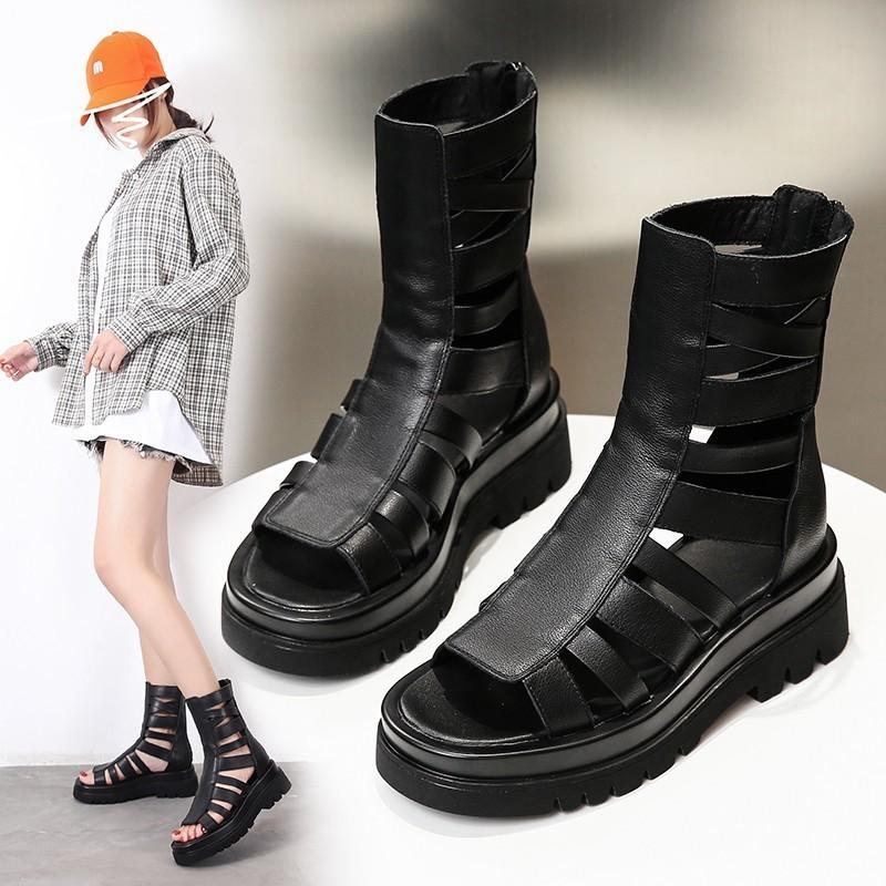 Trendy black Martin boots 2025 new summer casual women's short boots sandals Roman hollow cool boots platform boots