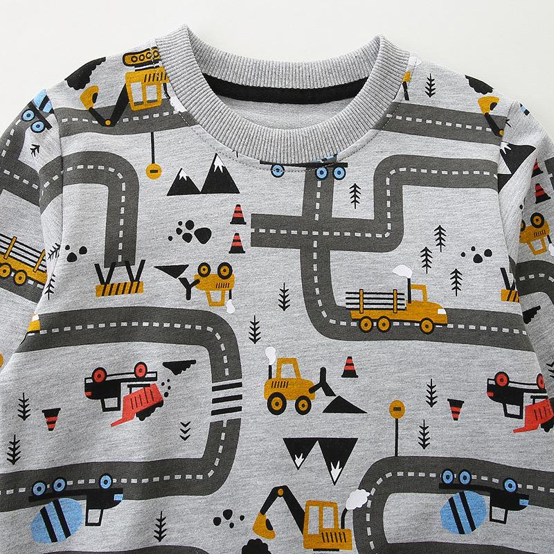 Mode pojktröjor, tryck med entreprenadfordon, långärmad barnpullover, stickad bomull, barnsweatshirts