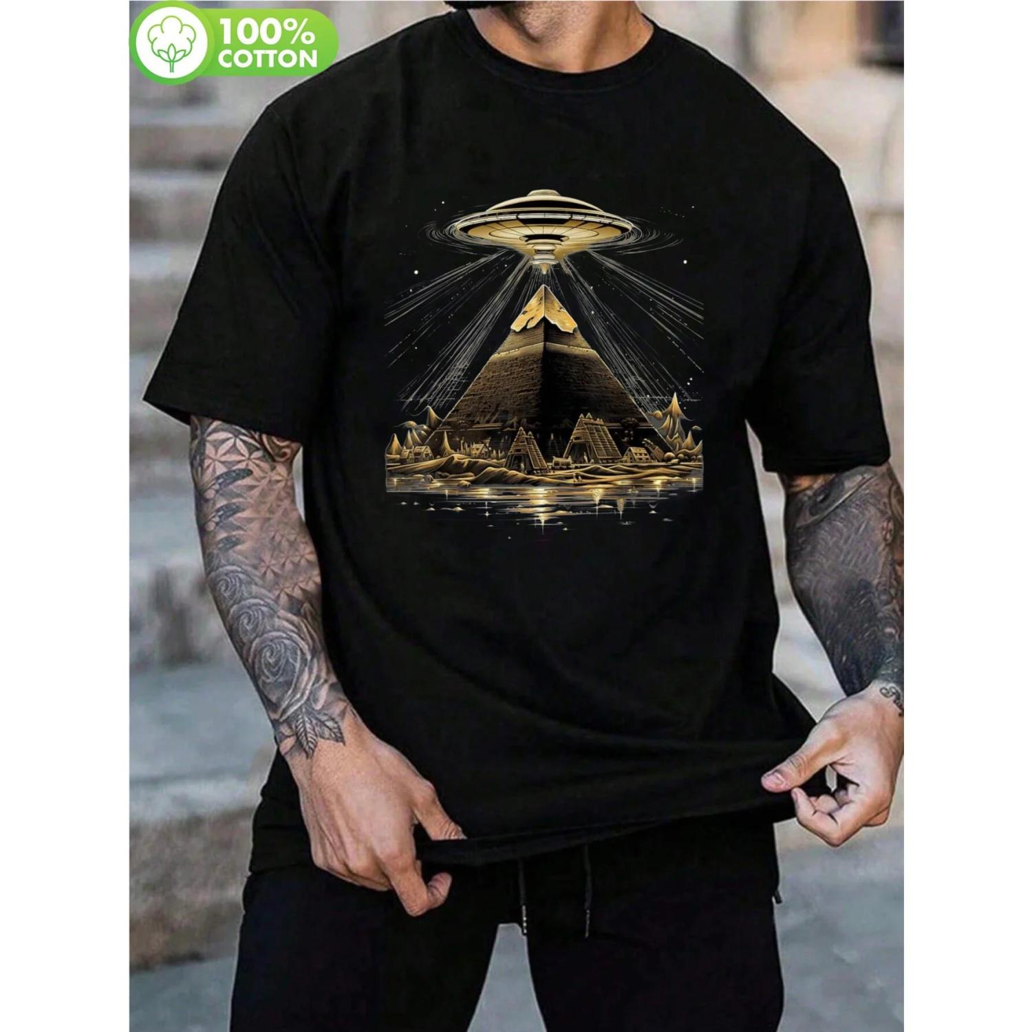

Pyramid and Ancient Village UFO Pattern Suitable for All Seasons, Comfortable Round Neck Printed T-shirt for Casual Men To Wear S чёрный