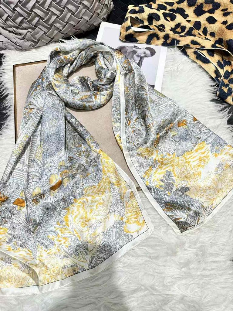 BYSIFA|New Khaki Yellow Silk Scarf Printed Winter Elegant Peony Design Long Scarves Shawls Fashion Brand Head Neck Scarves Capes