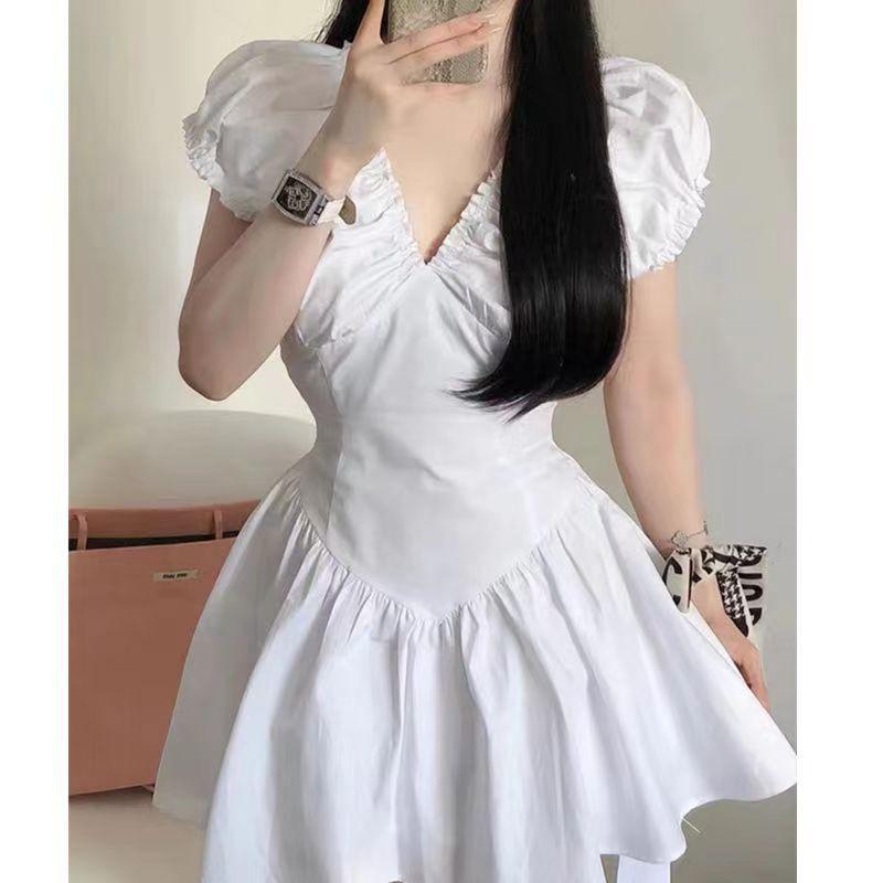 Black French Pleated V-neck Backless Dress Women's Summer Niche Design Waist Pure Pleated Skirt