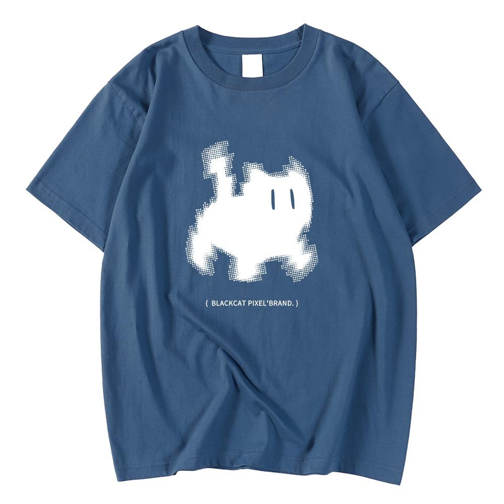 Koreanische Mode Damen T-Shirts Schwarze Katze Pixel Cartoons Druck Tops Bequem Weich O-Ausschnitt Locker Kurzarm Damenkleidung