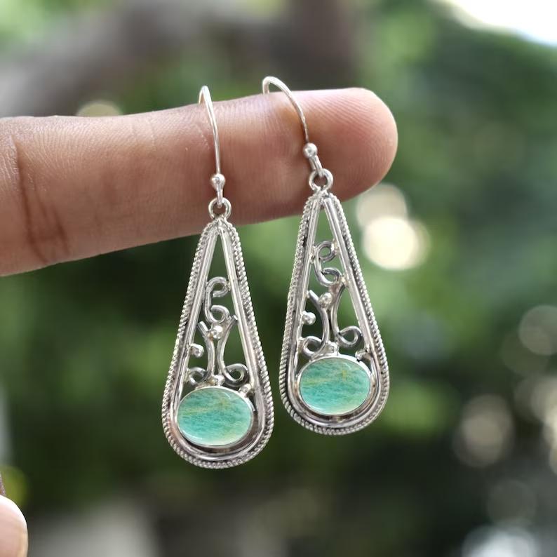 Natural Amazonite Gemstone Earring 925 Silver Gemstone Handmade Earring