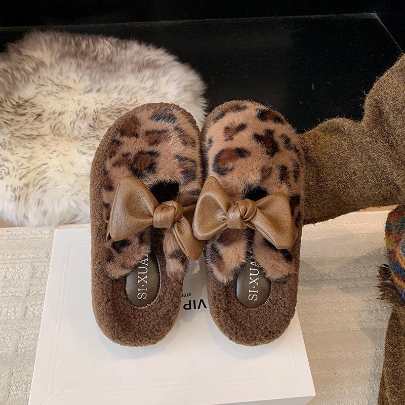 

Обувь Мао Мао женская платформа верхняя одежда осень и зима новая бант леопардовый принт один педаль бархатные бобы обувь 40 цветной печати леопарда