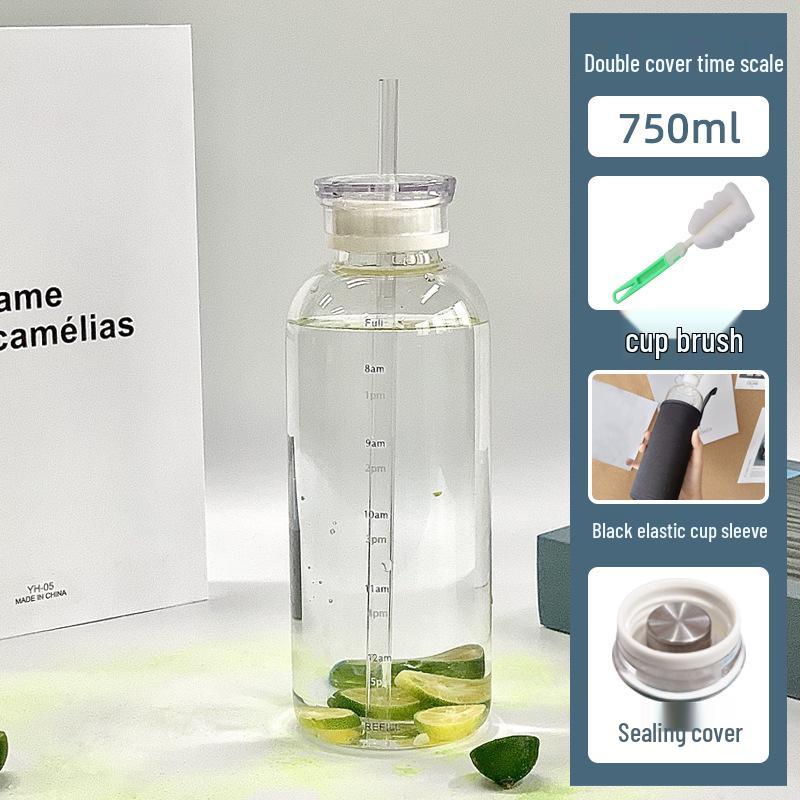 Double-Lid High Borosilicate Glass Travel Cup with Leather Sleeve