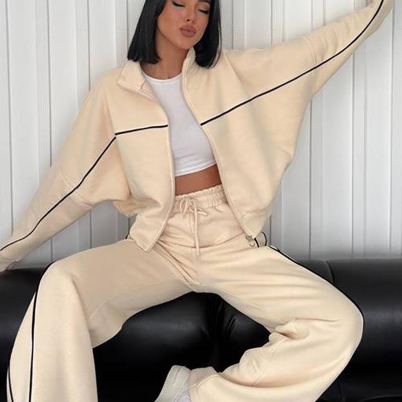 New European and American Amazon casual suit long-sleeved semi-turtleneck cardigan sweater strappy striped trousers