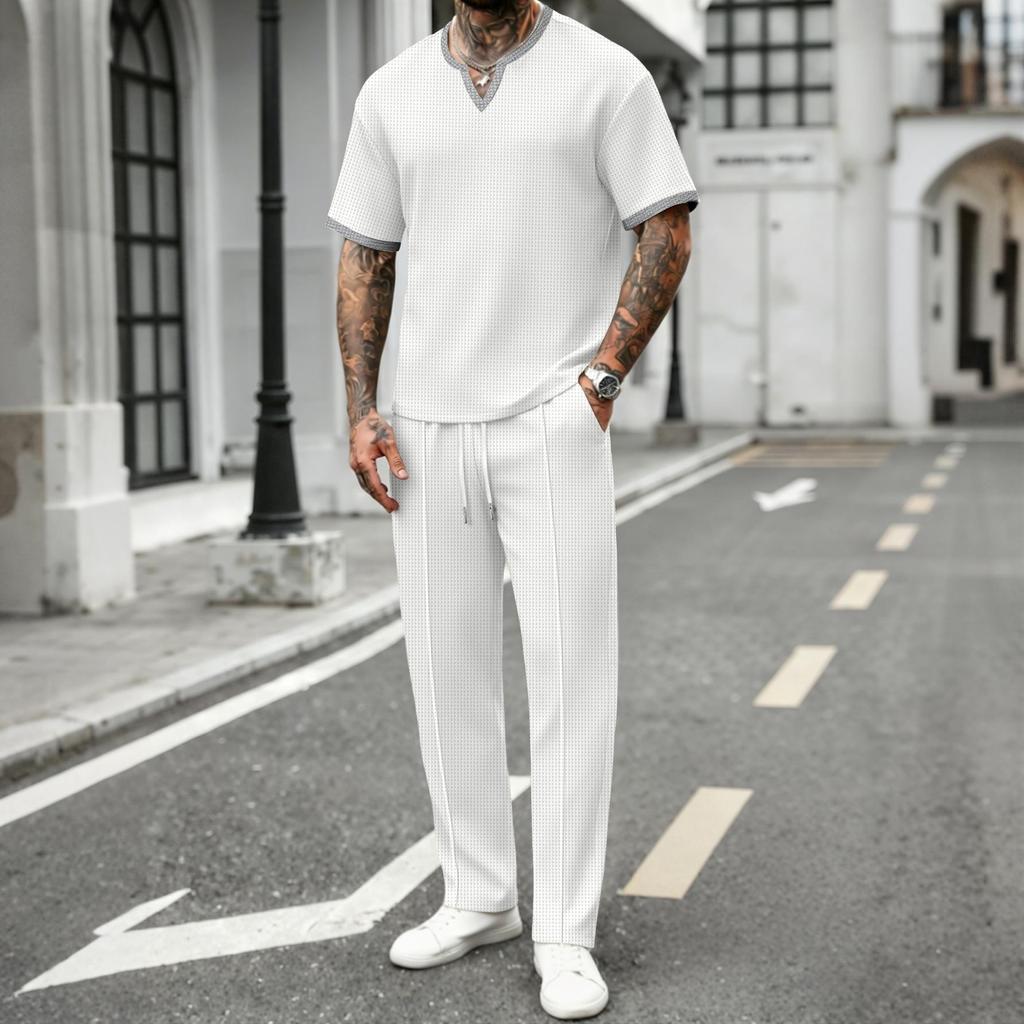 V-neck Waffle Short-Sleeve T-shirt & Long Pants Men's Streetwear Sports Set