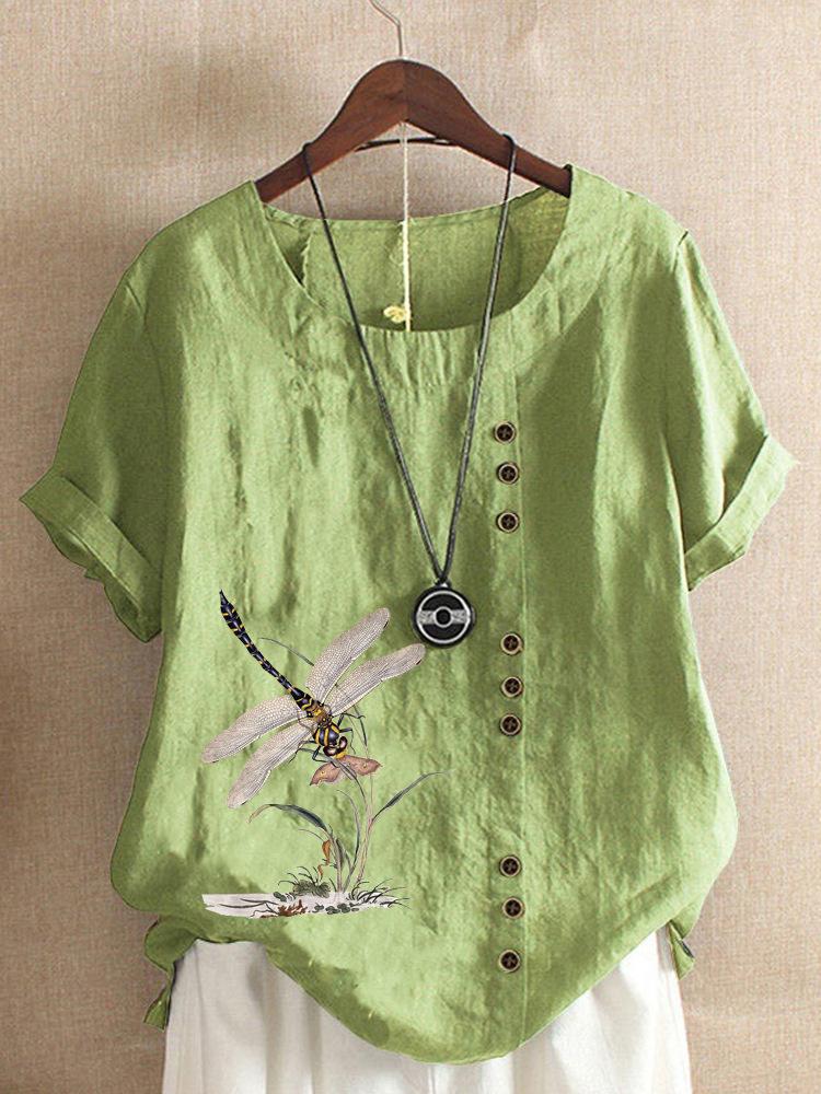Women S Summer Vintage Loose Short Sleeve Printed Cotton Linen T Shirt XS зелёный