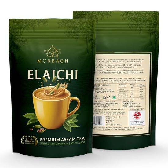 MORBAGH Elaichi CTC Schwarztee, Assam Teeblätter mit Kardamom, 250g, Koffeinarm, Vegetarisch, Keine Künstlichen Aromen, Packung mit 2 Stück