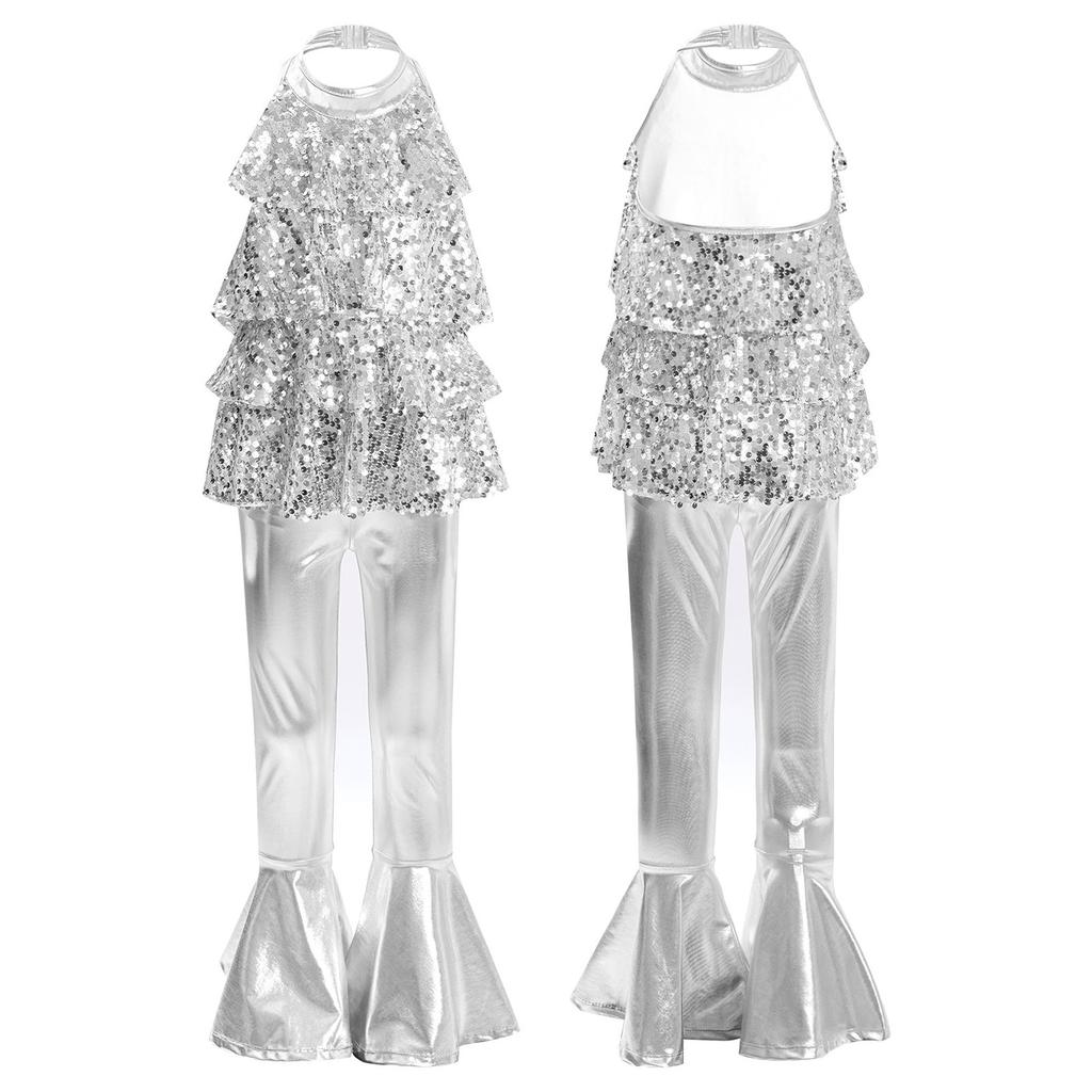 Κοστούμι Τζαζ Χορού για Κορίτσια Λαιμόκοψη Χάλτερ Αμάνικο Λεοτάρ με Ψηλόμεσο Παντελόνι Καμπάνα με Βολάν Μεταλλικό Λαμπερές Παγιέτες