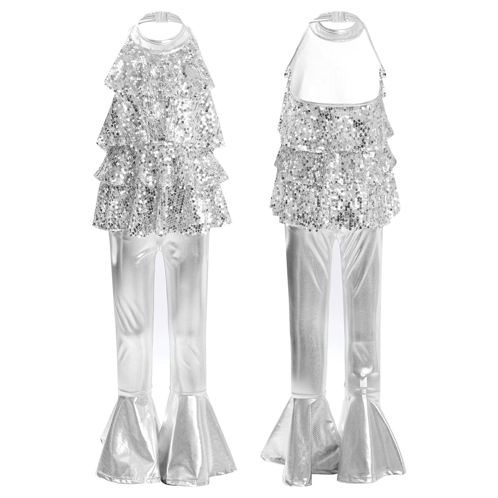 

Блискучий леотард з паєтками для дівчат Джазовий танець З зав язкою на шиї Без спини з оборкою по низу Штани-дзвіночки Костюм для виступу 15-16 Years срібний