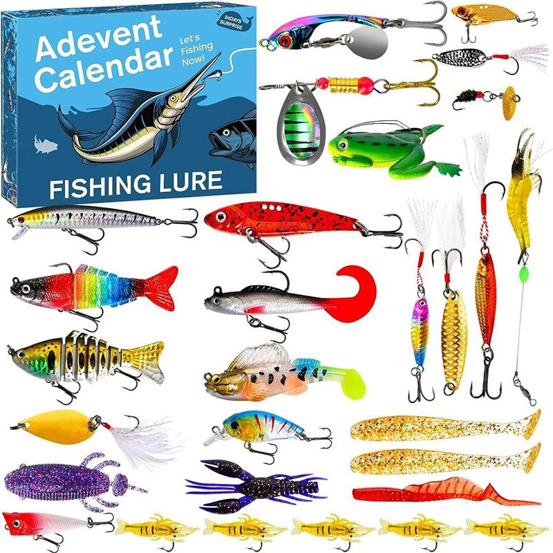 24 Days Fishing Lure Advent Calendar Christmas Countdown Blind Box Fishing Tackle Bait Set Surprise Gift for Fishermen Adult Anglers