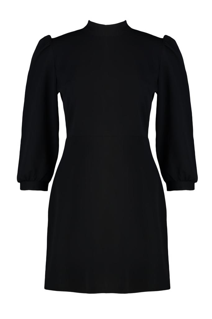 Women's Fashion Day and Night Balloon Sleeve Mini Black Double Breasted Collar Fitted Mini Knitted Dress