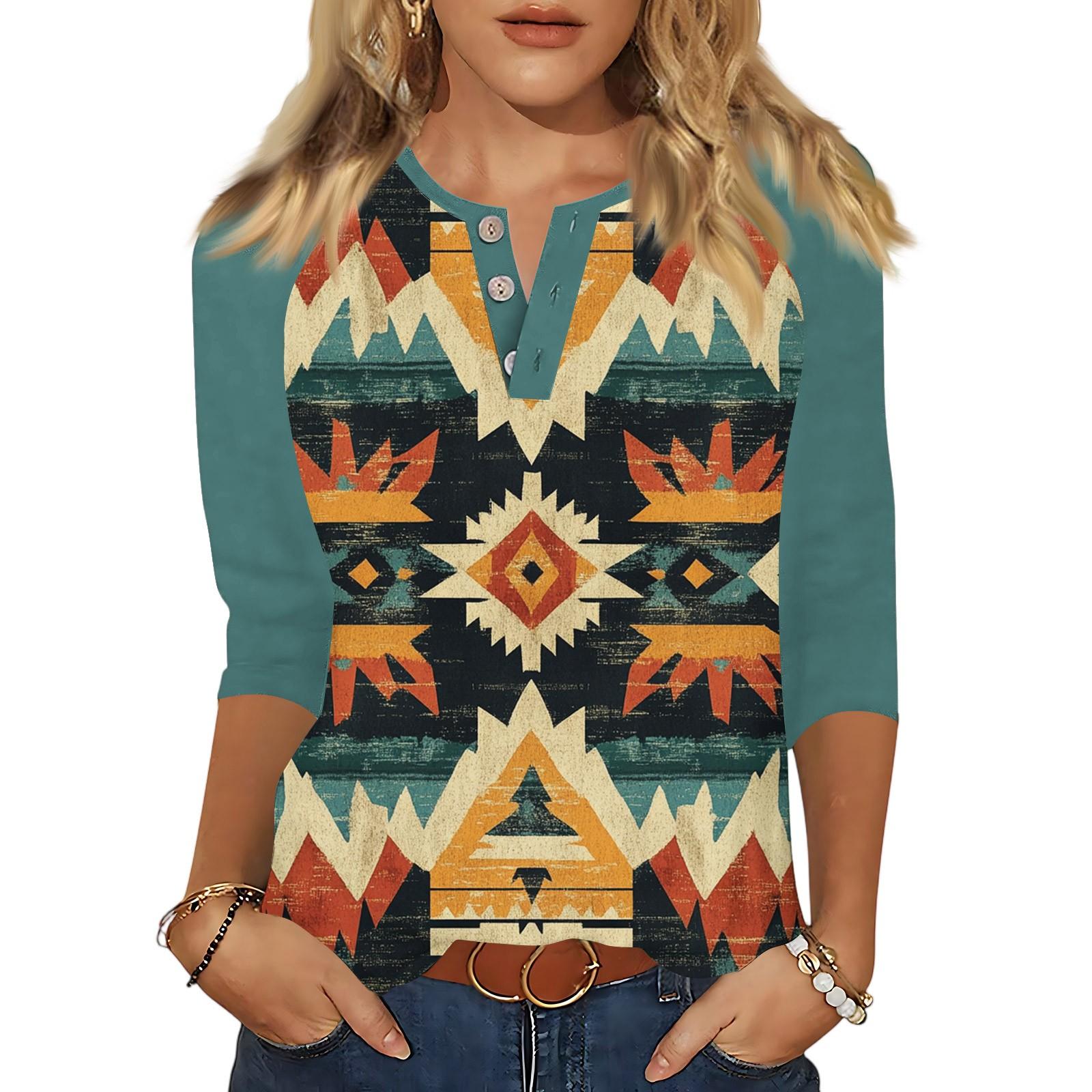 

Women s Tops Three-quarter Sleeve V-neck Button Printed Imitation Cotton T-shirt XXL