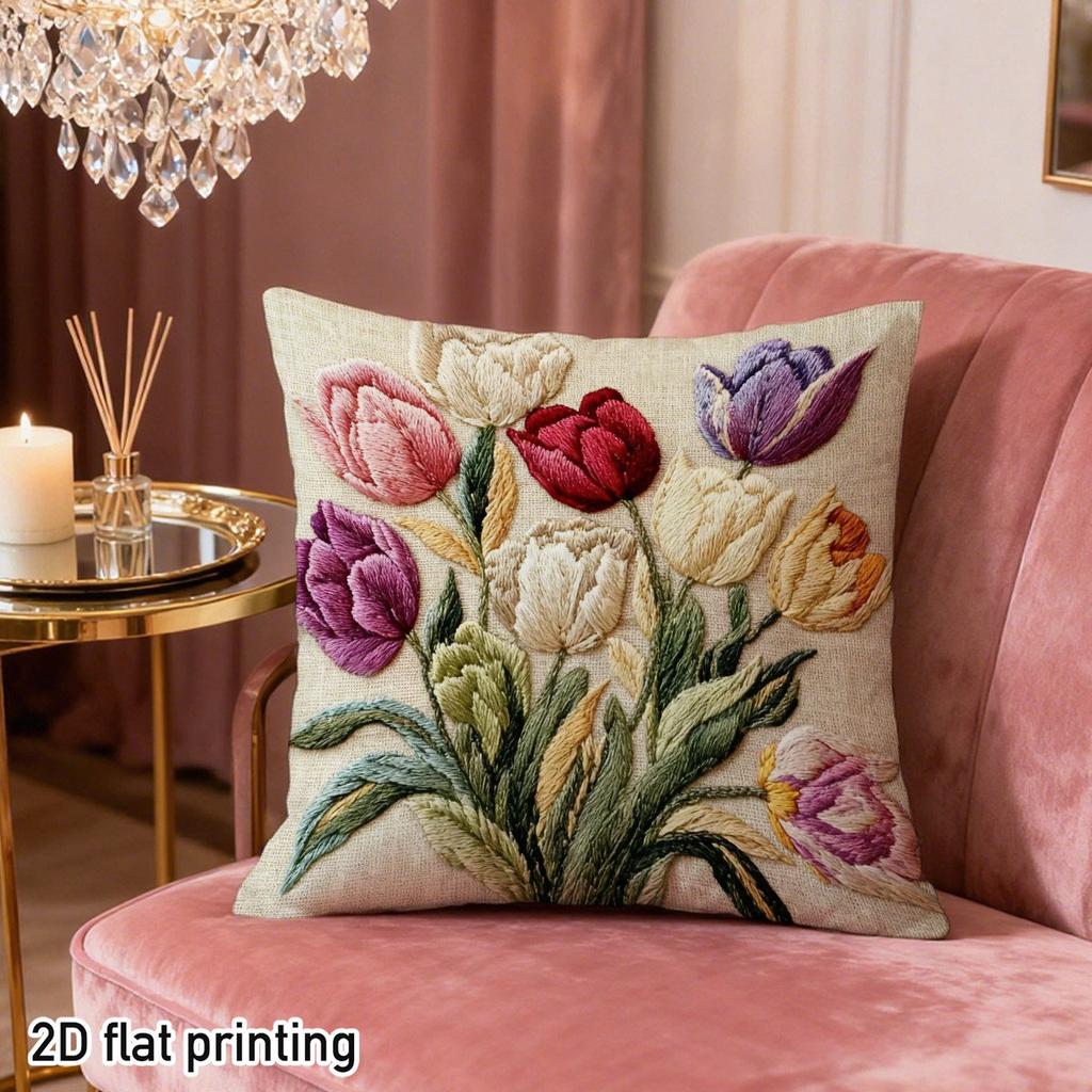 Federa per Cuscino Decorativo Stampa Floreale Tulipano Effetto 2D, Stile Ricamo Finto, per Soggiorno Camera da Letto Divano