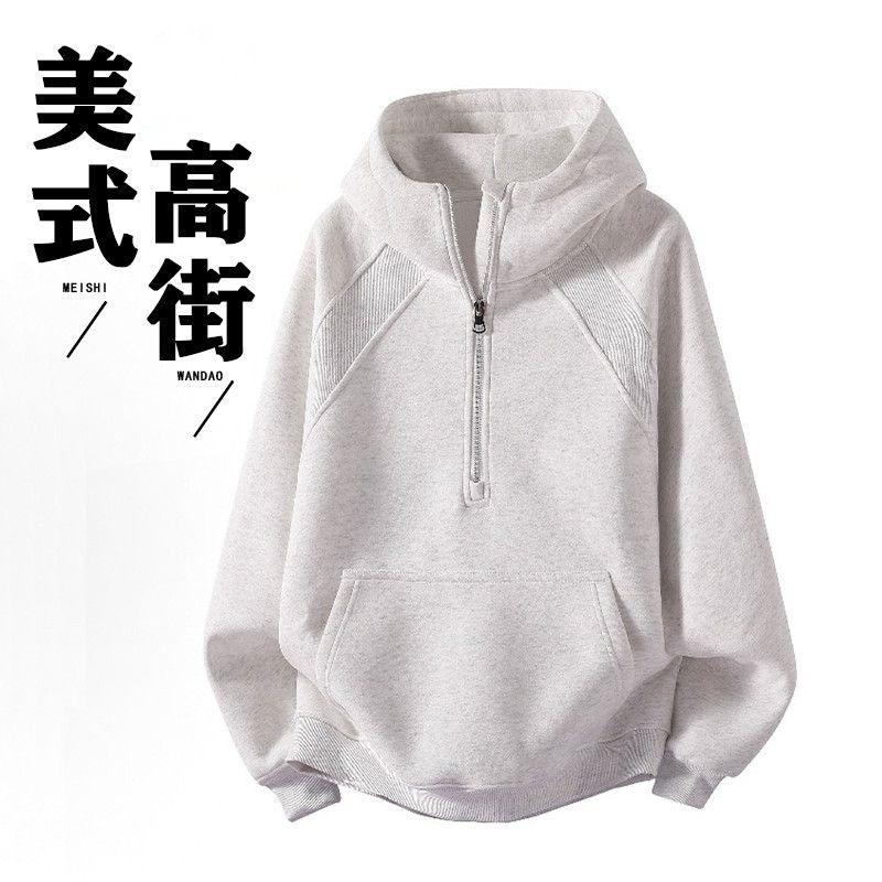 Spring and Autumn Retro Splicing Half Zipper Hooded Sweater Boys Loose Couple Casual Versatile Hoodie