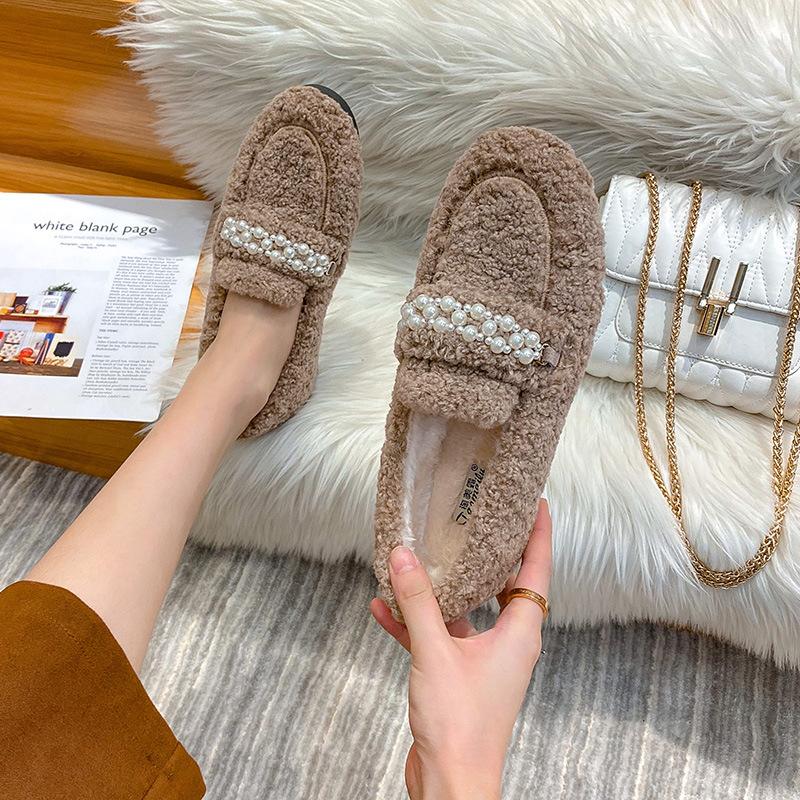 

Обувь Мао Мао женская зимняя 2025 зимняя на плоской подошве из овечьей шерсти женская обувь на одном педале на толстой подошве туфли-бини универсальные с бархатом 33 коричневый