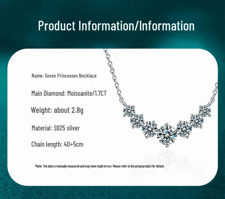 S925 Sterling Silver Moissanite Seven Princess Smile Necklace - Women's Fashion Versatile Pendant, Popular Style Silver Jewelry.