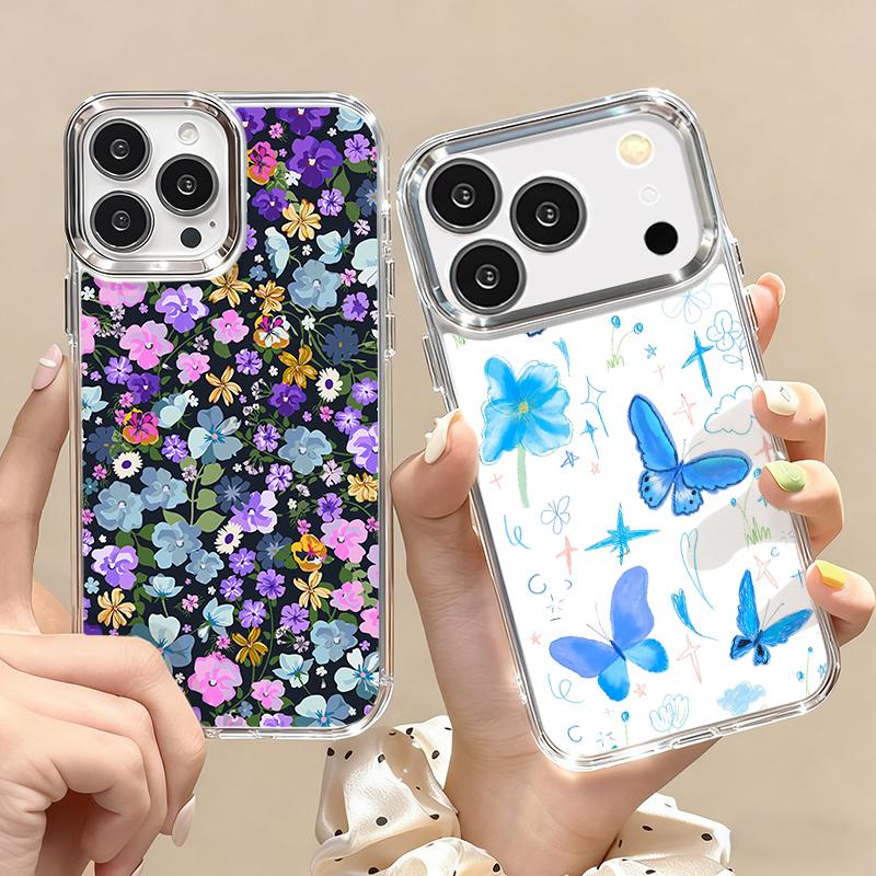 Oil Painting Flower Case For iPhone 17 Pro Max iPhone 16 15 14 13 Pro Max 11 17e 16e Plating Lens Frame Clear Soft Silicone Back Cover