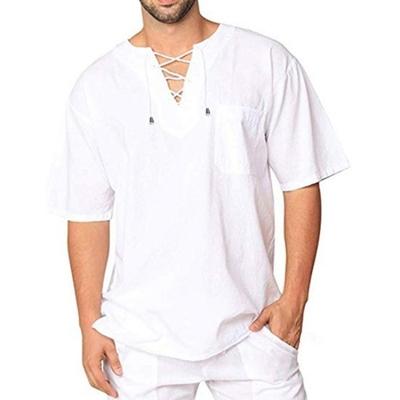 Men's Monochrome Short Sleeve Bandage V-Neck T-Shirt Loose Top