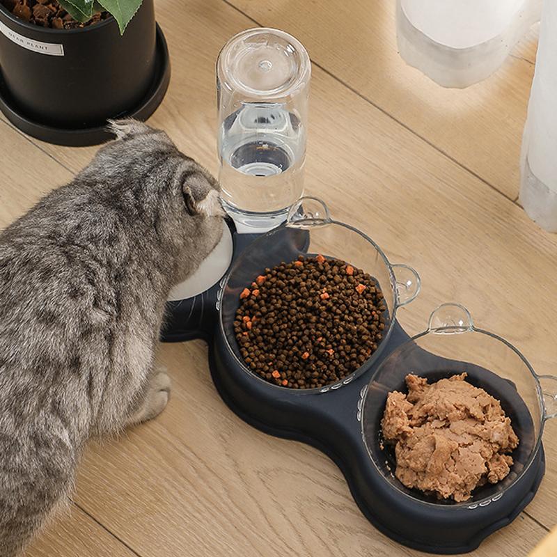 Pet Cat Bowl Automatic Feeder 3in1 Dog Cat Food Bowl With Water Fountain Double Bowl Drinking Raised Stand Dish Bowls For Cats