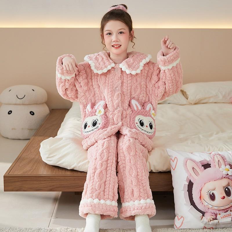 Girls Winter Coral Fleece Pajama Set Long Sleeve Hooded Sleepwear Kids 8 Years Soft Warm Home Outfit