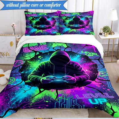 3PCS Cyberpunk Neon Gaming Bedding Set,Including 1pc Duvet Cover And 2pcs Pillowcases Perfect for Bedroom, Dormitory, Fan Christmas Gift