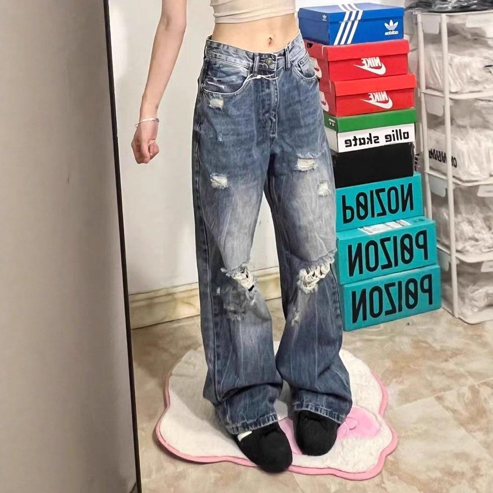 Comfortable Broken Hole Big Size Wide Leg Jeans Female Loose Hundred High Waist Trailing Straight Trousers Jeans for Women Long Denim Pants