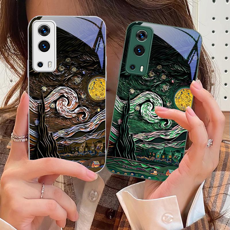 Oil Painting Starry Sky For Vivo Y76 16 55 V29 Lite 5G 25 23 30 iQOO Z9X 12 Pro Neo X200 100 90 60 Tempered Glass Phone Case