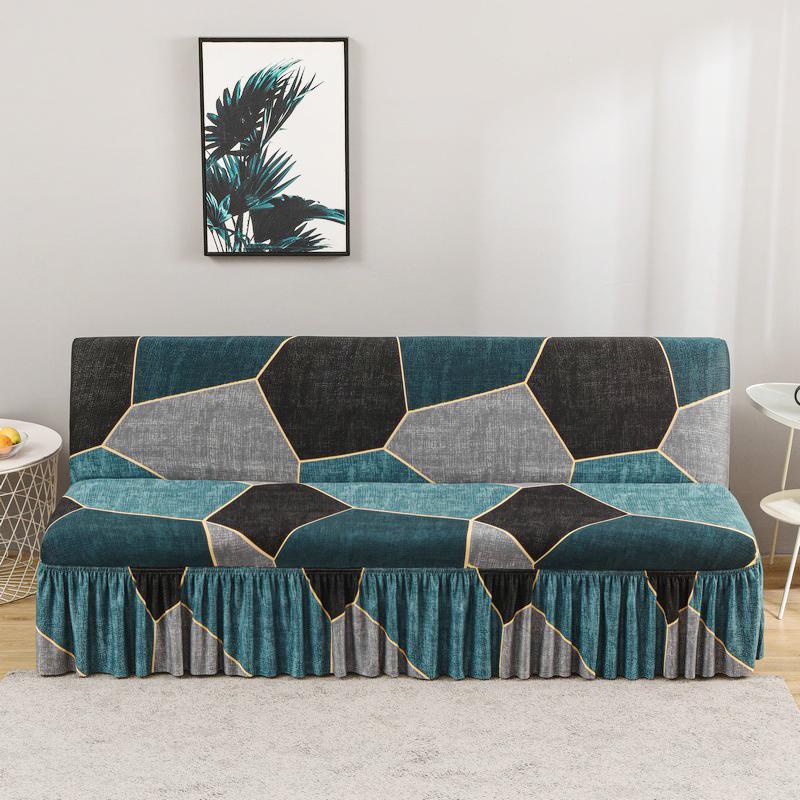 Stretch Armless Futon Cover with Skirt Printed Folding Sofa Bed Cover Washable Sofa Couch Cover Furniture Bed Protector S M L