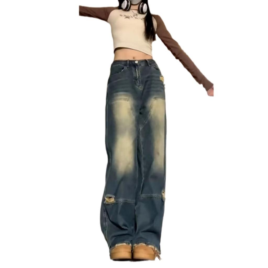 Retro washed old straight jeans women's summer high waist loose and thin drape hole straight pants tide