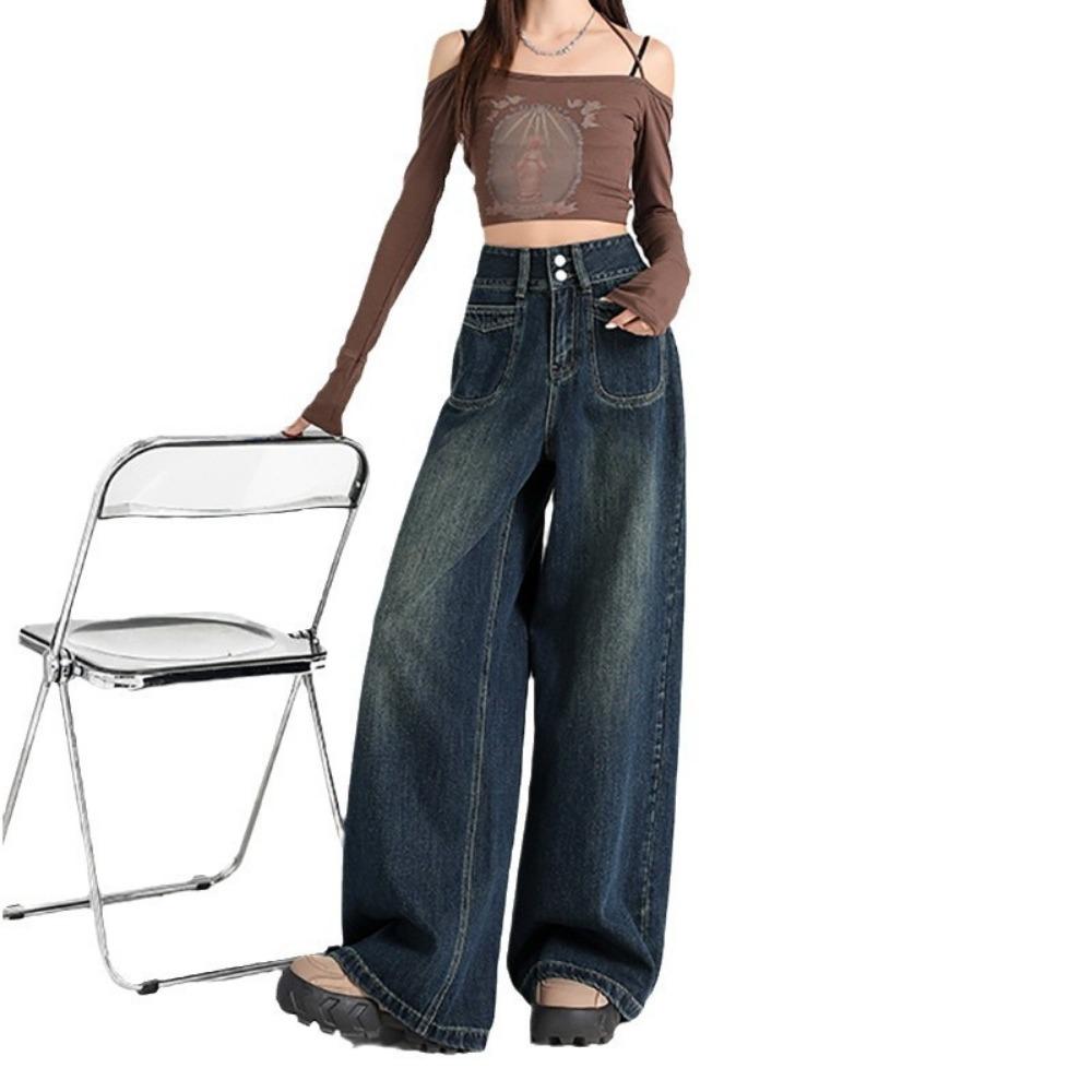 Street personality trend drape high waist double buckle jeans women's simple and versatile wide leg mopping jeans tide