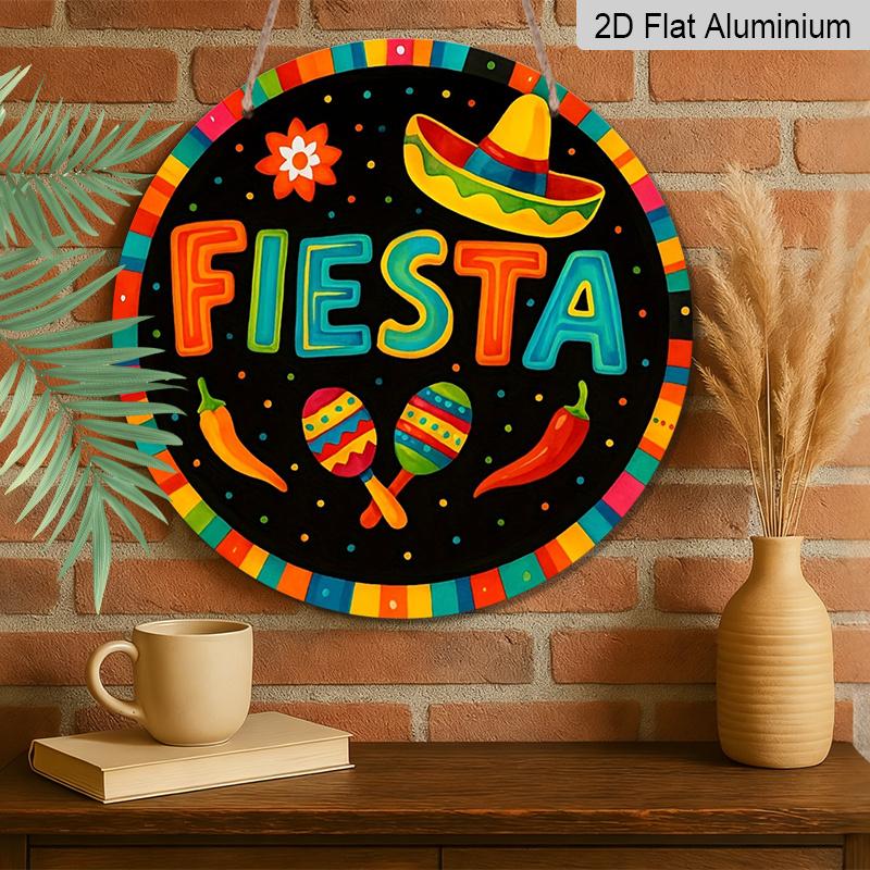 2D Flat, 1pc Round Fiesta Aluminum Hanging Sign, Colorful Mexican Sombrero Maraca Chili Pepper Design, Vibrant Cinco De Mayo Metal Wall Decor