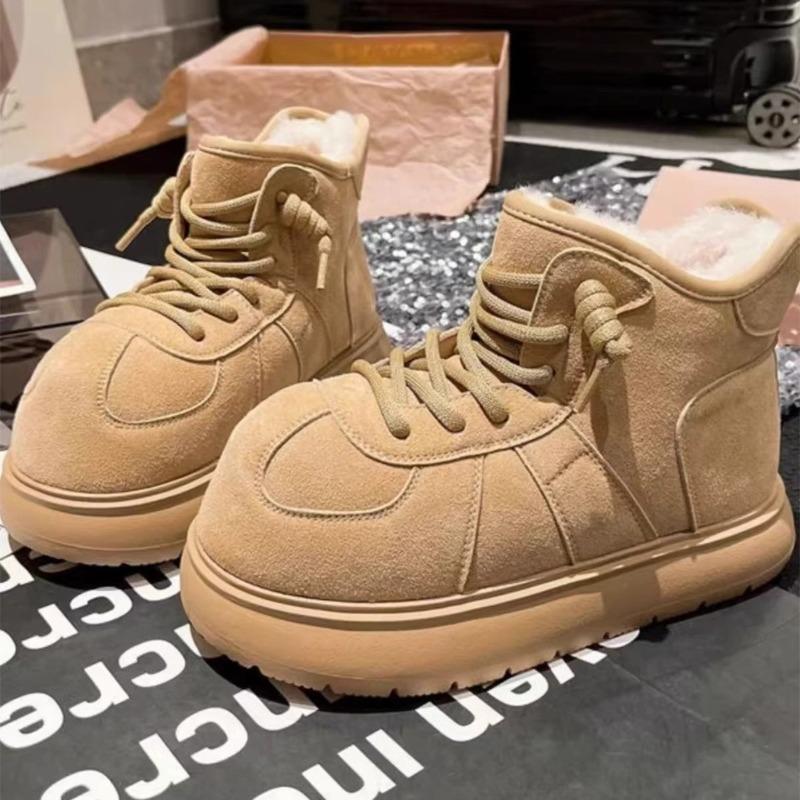 Big Head Snow Boots Women's New Winter Thick-soled Leather Velvet Warm Lightweight Non-slip Cotton Shoes