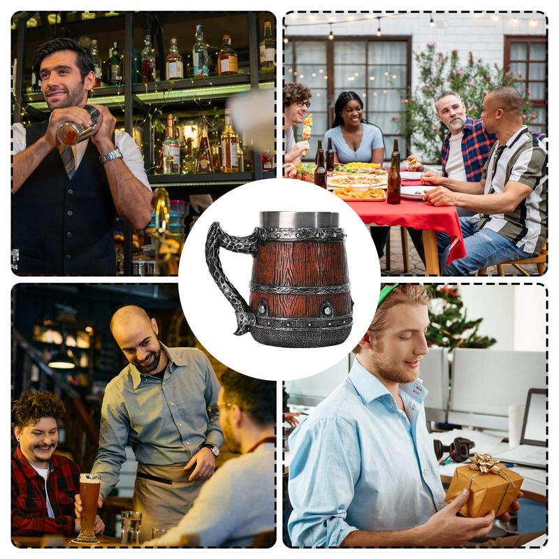 Tavern Mug Double Wall Medieval Cup 550ml Simulated Wooden Barrel Stainless Steel Mug Handmade Bucket Shaped Drinkware Beer