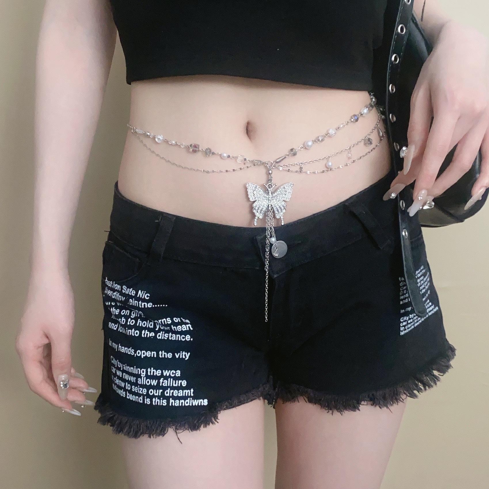 

Роскошная цепочка на талию с кисточкой-бабочкой из бриллиантов для женщин, милая и крутая, для горячей девушки, цепочка из круглых бусин, плетеный ремень, нишевый ве серебряный