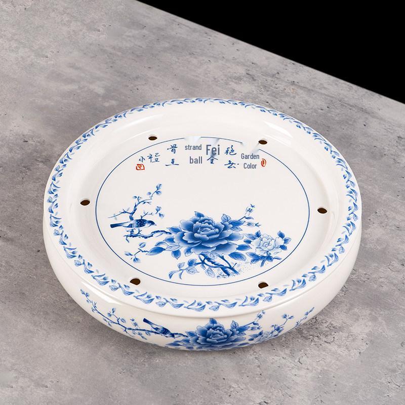 14-inch Ceramic Round Tea Tray for Gongfu Tea, with Double-Layer Water Storage