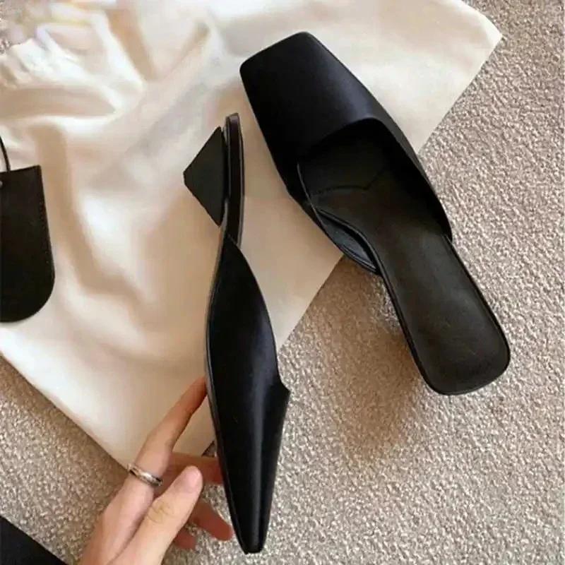 Fashion Luxury Satin Sandals Women Summer Sexy Square Head Strange Low Heel Slide Sandals Chunky Heel Elegant Design Mule Slippers Women