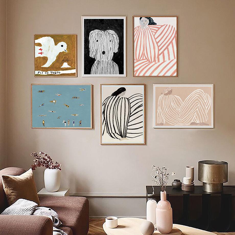 Nordic Posters and Prints for Living Room, Abstract Lines, Woman Geometry, Dog and Bird Wall Art, Wall Pictures