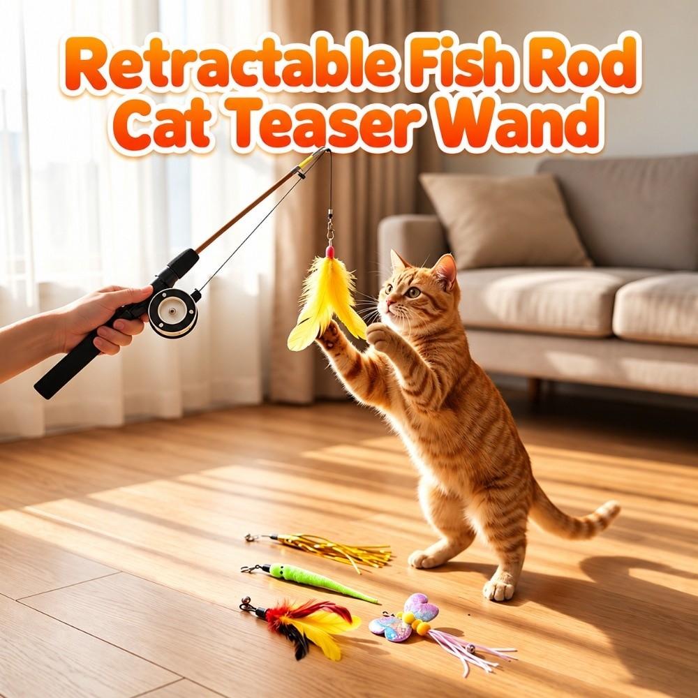 Fishing Wheel Design Fishing Rod Cat Toy Retractable Pole Interactive Cat Stick Indoor Cat Play