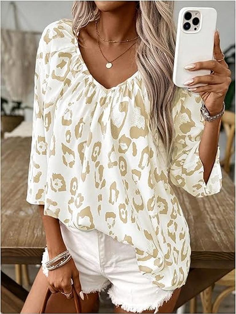 Spring Summer Women's Elegant Commute Top Beige Leopard Print V-Neck Ruffled 7/8 Sleeve Shirt