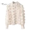 Women Summer Chiffon Shirt Lapel Lantern Long Sleeve Shirt Tops 3D Floral Print Semi-Sheer Mesh Splicing Single Breasted Blouse